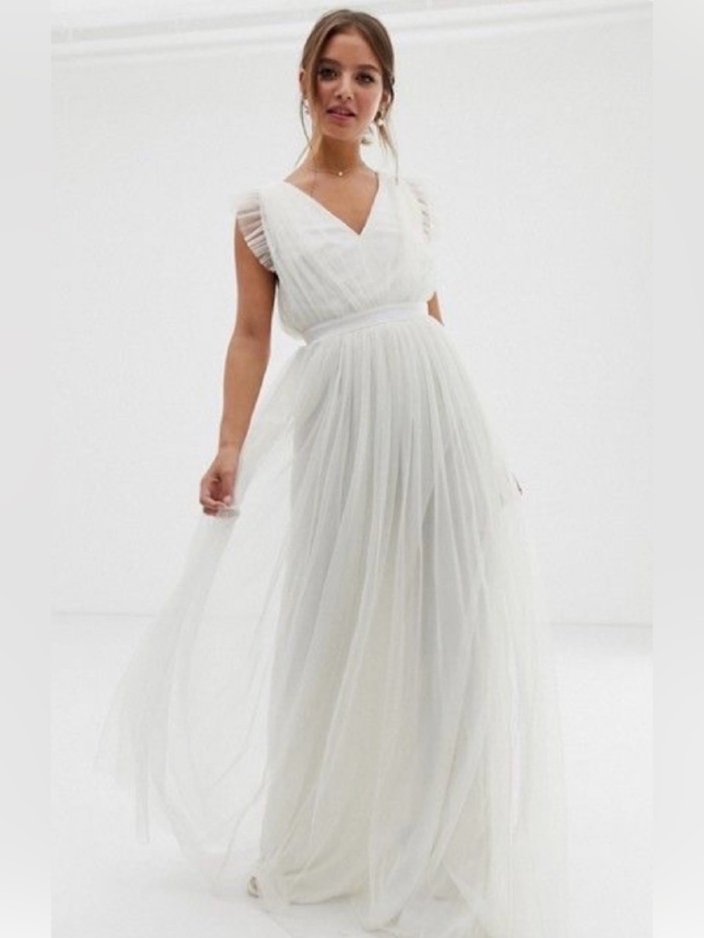 ANAYA WITH LOVE White Maxi Tulle Dress with V-Neck